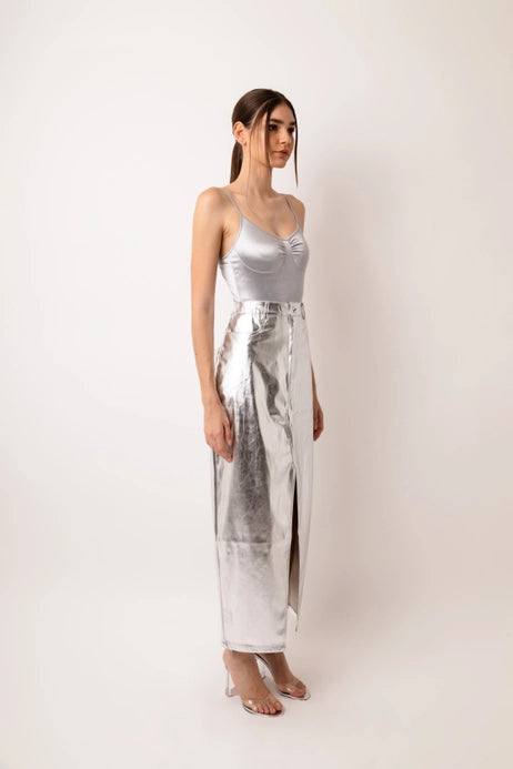 Lupe Silver Metallic Maxi Skirt