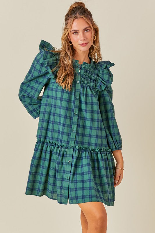 Ruffled Smocked Plaid Dress in Green Navy