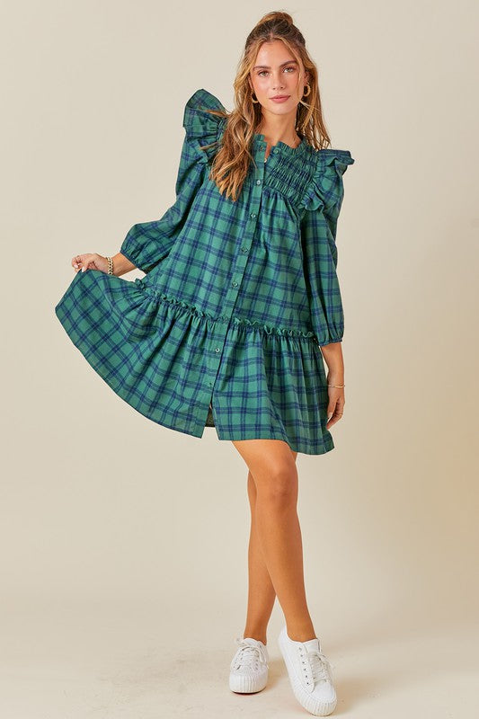 Ruffled Smocked Plaid Dress in Green Navy