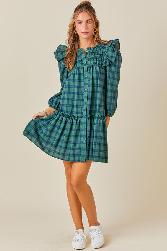Ruffled Smocked Plaid Dress in Green Navy