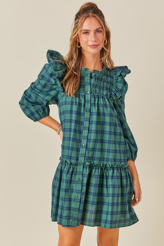 Ruffled Smocked Plaid Dress in Green Navy