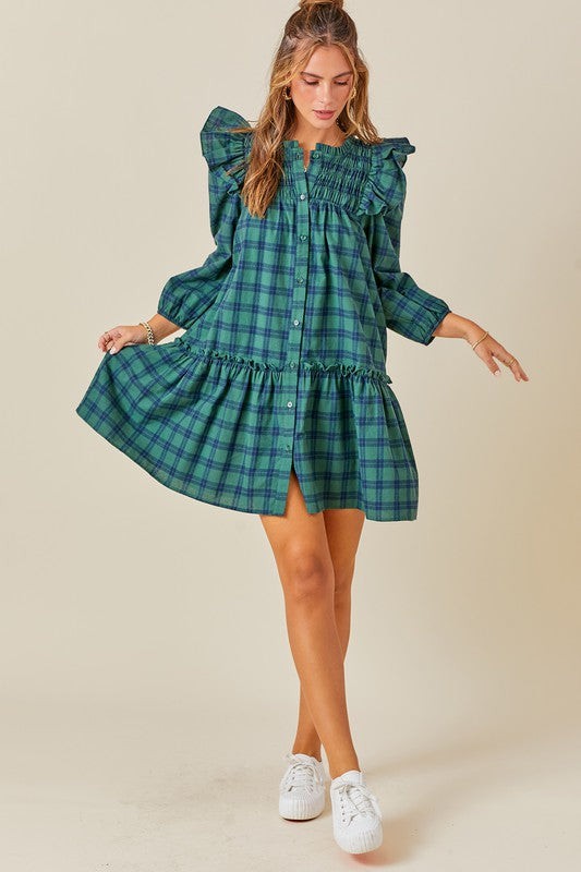 Ruffled Smocked Plaid Dress in Green Navy