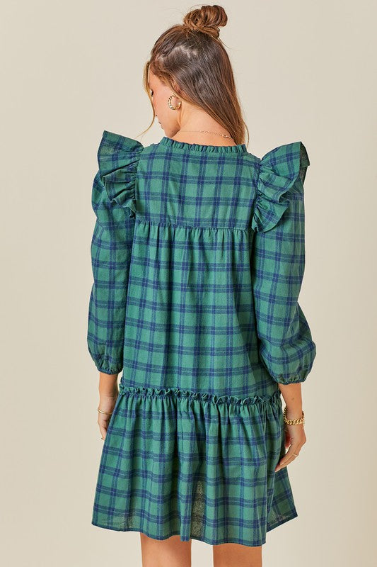 Ruffled Smocked Plaid Dress in Green Navy