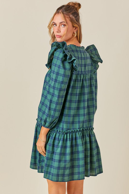 Ruffled Smocked Plaid Dress in Green Navy