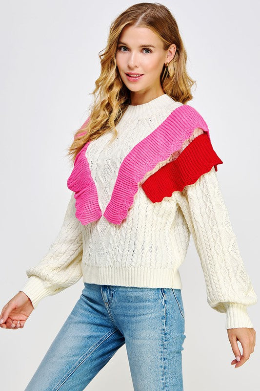 Ruffle Cable Knit Sweater in Ivory