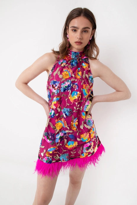 Sequin Floral Halter Dress