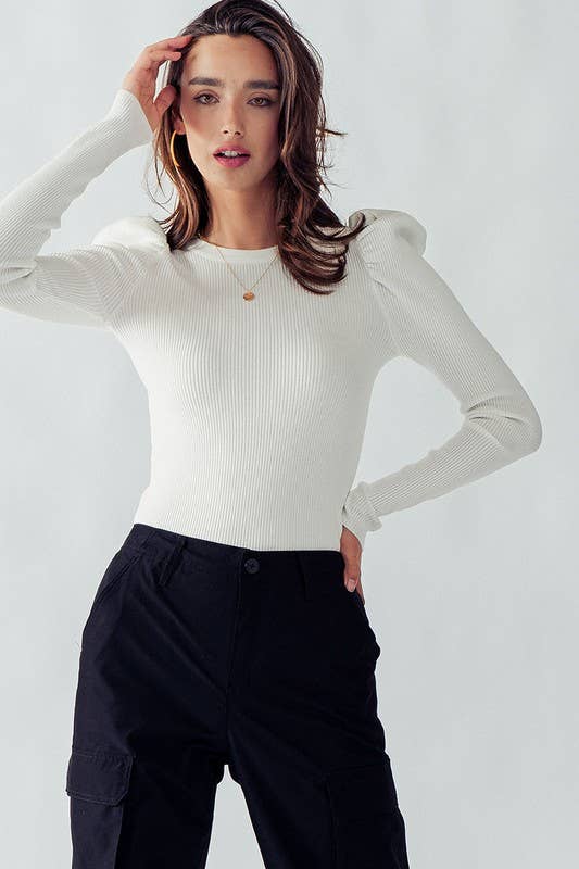 Puff Sleeve Rib Knit Sweater