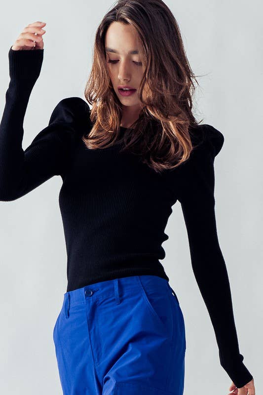 Puff Sleeve Rib Knit Sweater