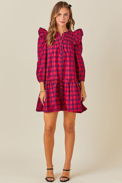 Ruffled Smocked Plaid Dress in Red Navy