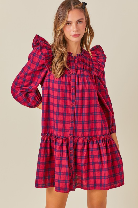 Ruffled Smocked Plaid Dress in Red Navy