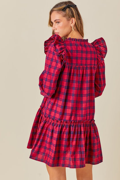 Ruffled Smocked Plaid Dress in Red Navy