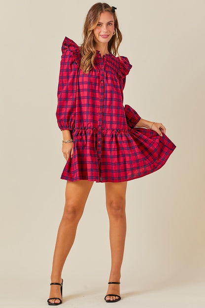 Ruffled Smocked Plaid Dress in Red Navy