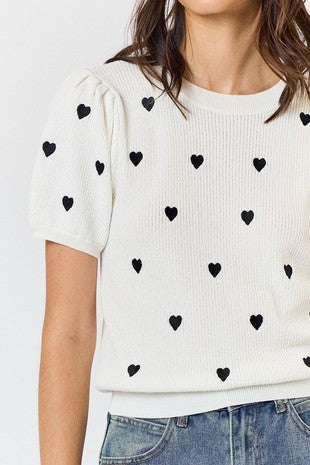 Heart Embroidery Puff Sleeve Sweater Top