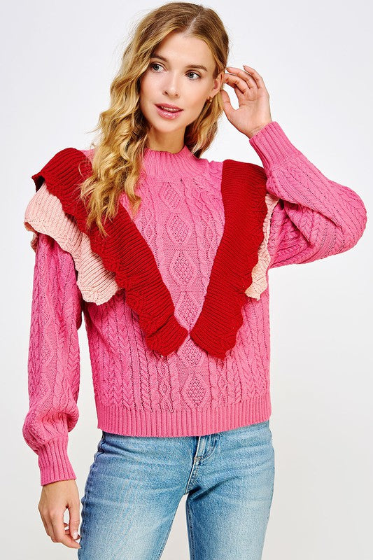 Ruffle Cable Knit Sweater in Pink