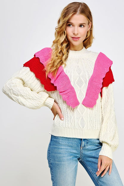 Ruffle Cable Knit Sweater in Ivory
