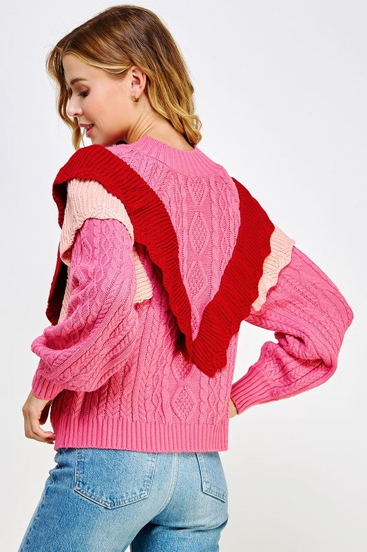 Ruffle Cable Knit Sweater in Pink
