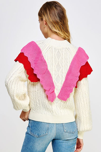 Ruffle Cable Knit Sweater in Ivory