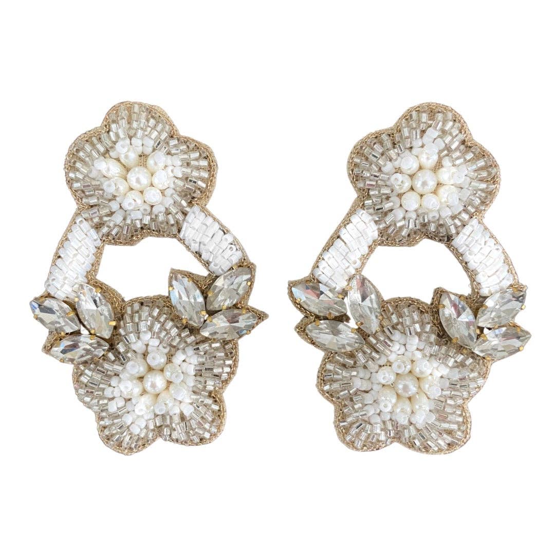 Beaded Flower Earrings in White / Silver